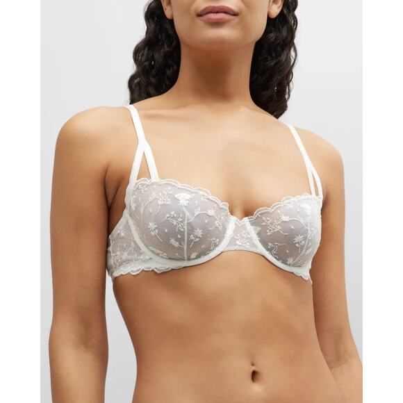 La Perla Scalloped Embroidered Mesh Lace Balconette Bra Size 32B White Underwire - Picture 1 of 12